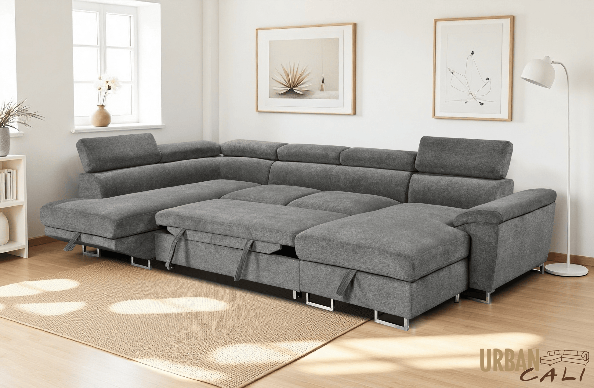 Urban Cali Sectional Burbank 130" Wide Large Sleeper Sectional Sofa Bed with Adjustable Headrests and Storage Chaises in Ulani Ash