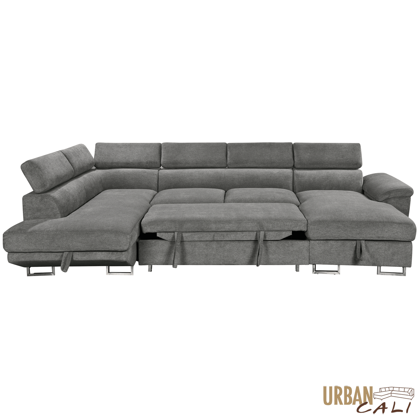Urban Cali Sectional Burbank 130" Wide Large Sleeper Sectional Sofa Bed with Adjustable Headrests and Storage Chaises in Ulani Ash