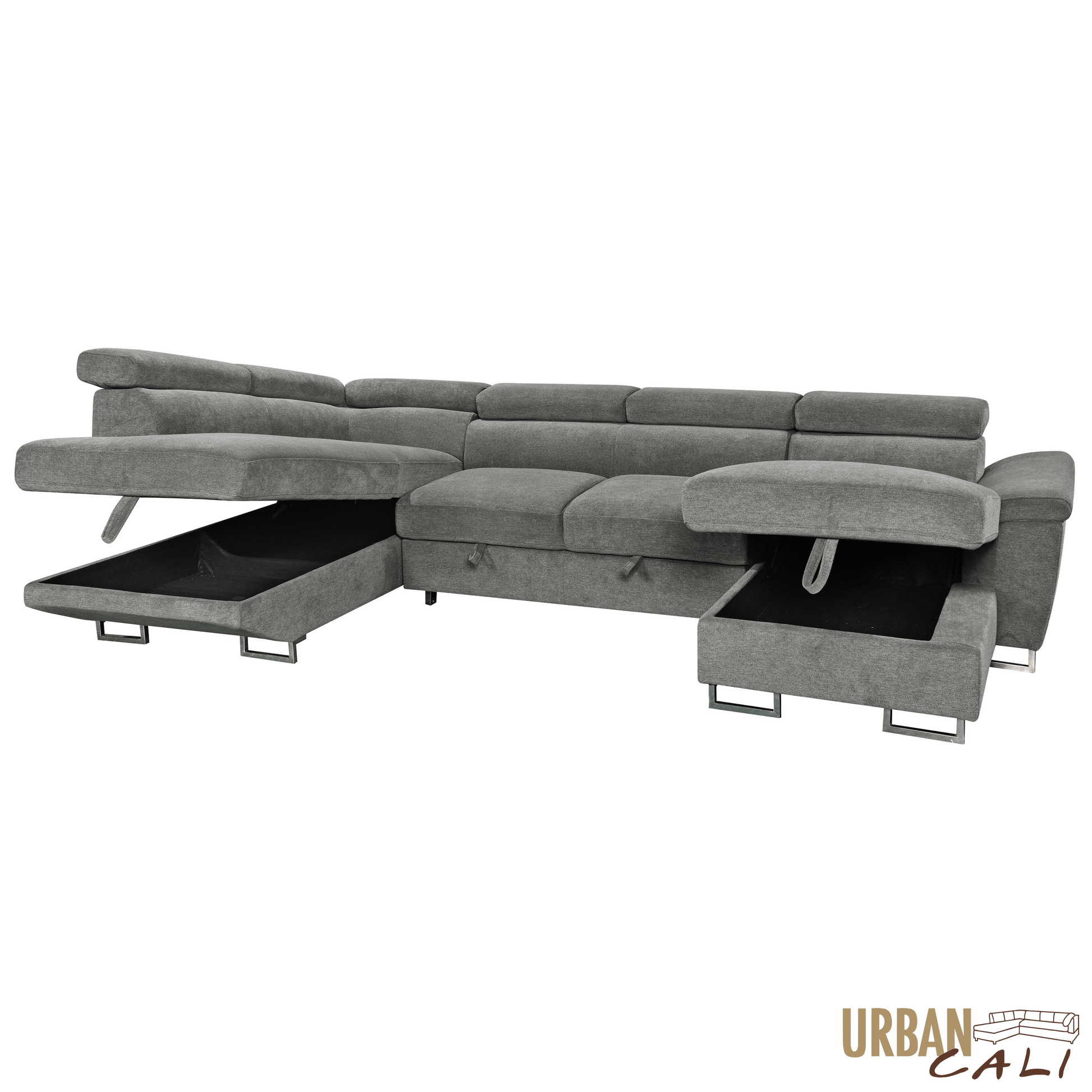 Urban Cali Sectional Burbank 130" Wide Large Sleeper Sectional Sofa Bed with Adjustable Headrests and Storage Chaises in Ulani Ash