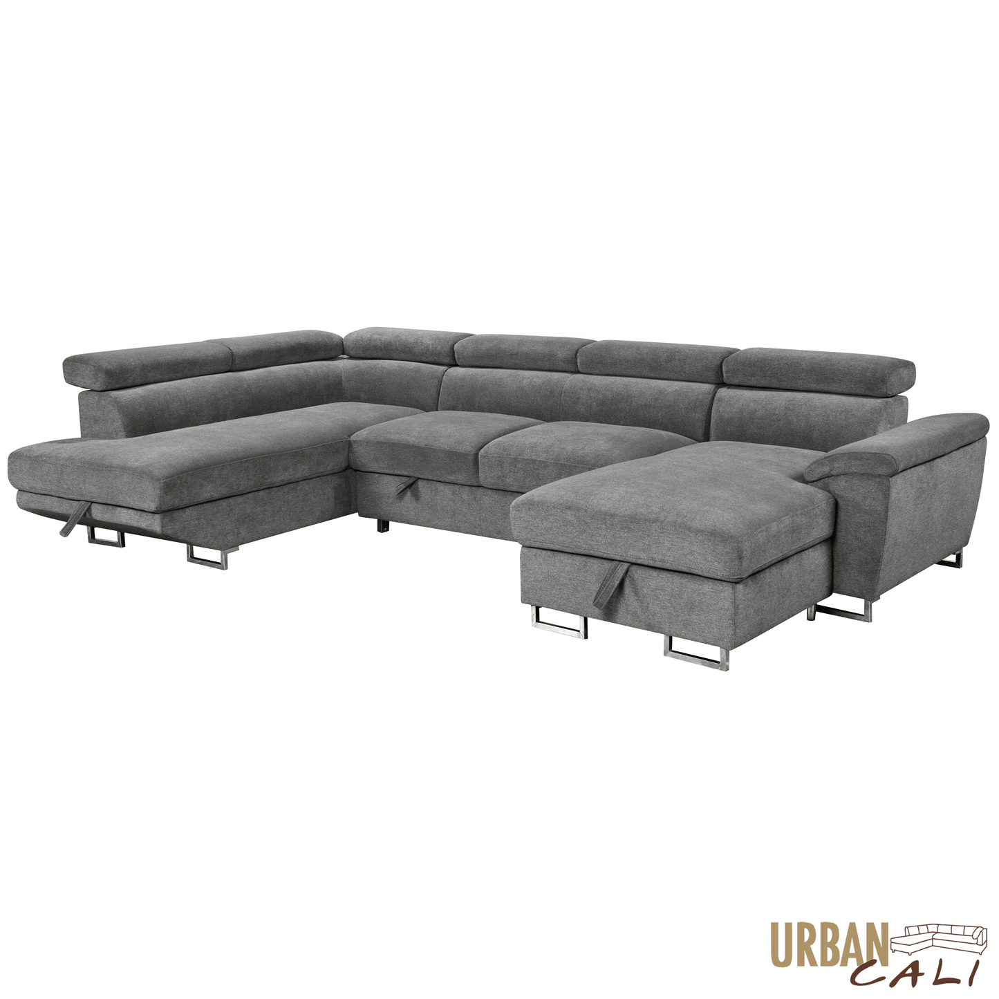 Urban Cali Sectional Burbank 130" Wide Large Sleeper Sectional Sofa Bed with Adjustable Headrests and Storage Chaises in Ulani Ash