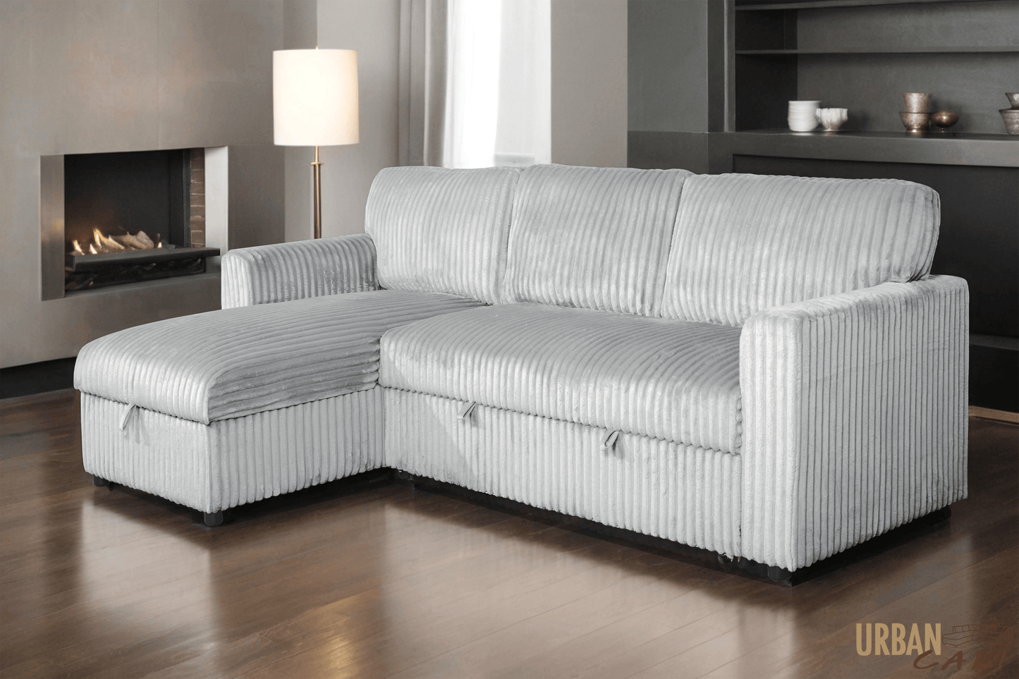 Urban Cali Sectional Calabasas Corduroy Reversible Sleeper Sectional Sofa Bed with Storage Chaise – Available in 2 Colours