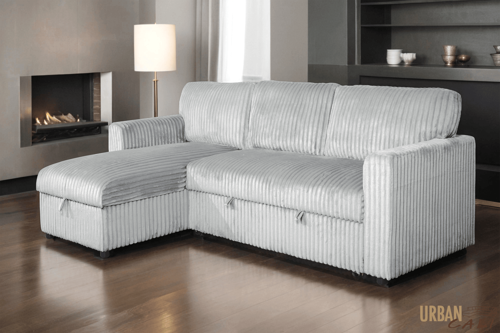 Urban Cali Sectional Calabasas Corduroy Reversible Sleeper Sectional Sofa Bed with Storage Chaise – Available in 2 Colours