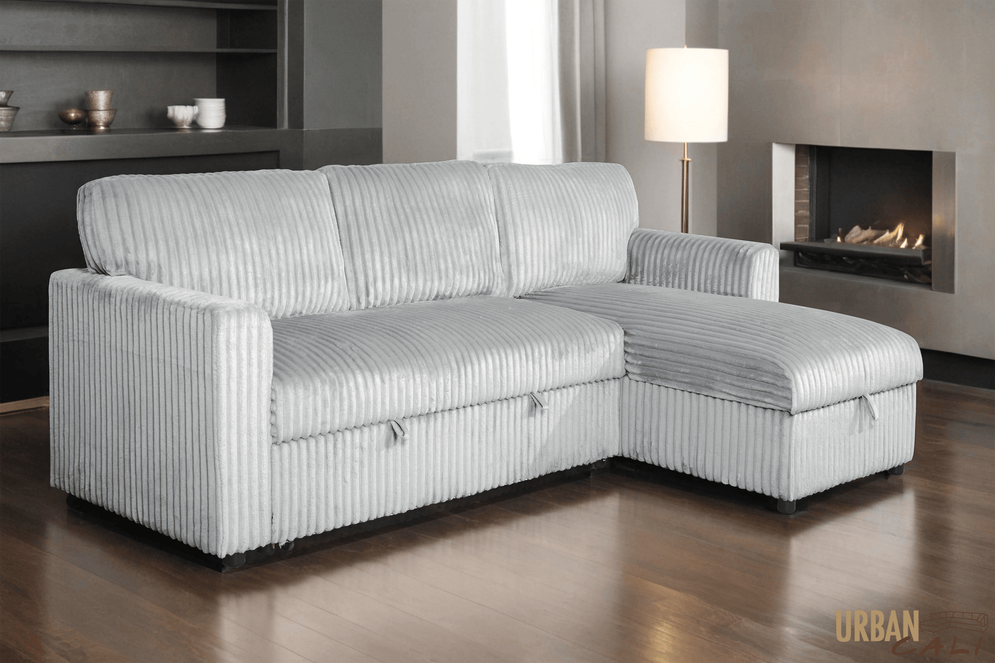 Urban Cali Sectional Calabasas Corduroy Reversible Sleeper Sectional Sofa Bed with Storage Chaise – Available in 2 Colours