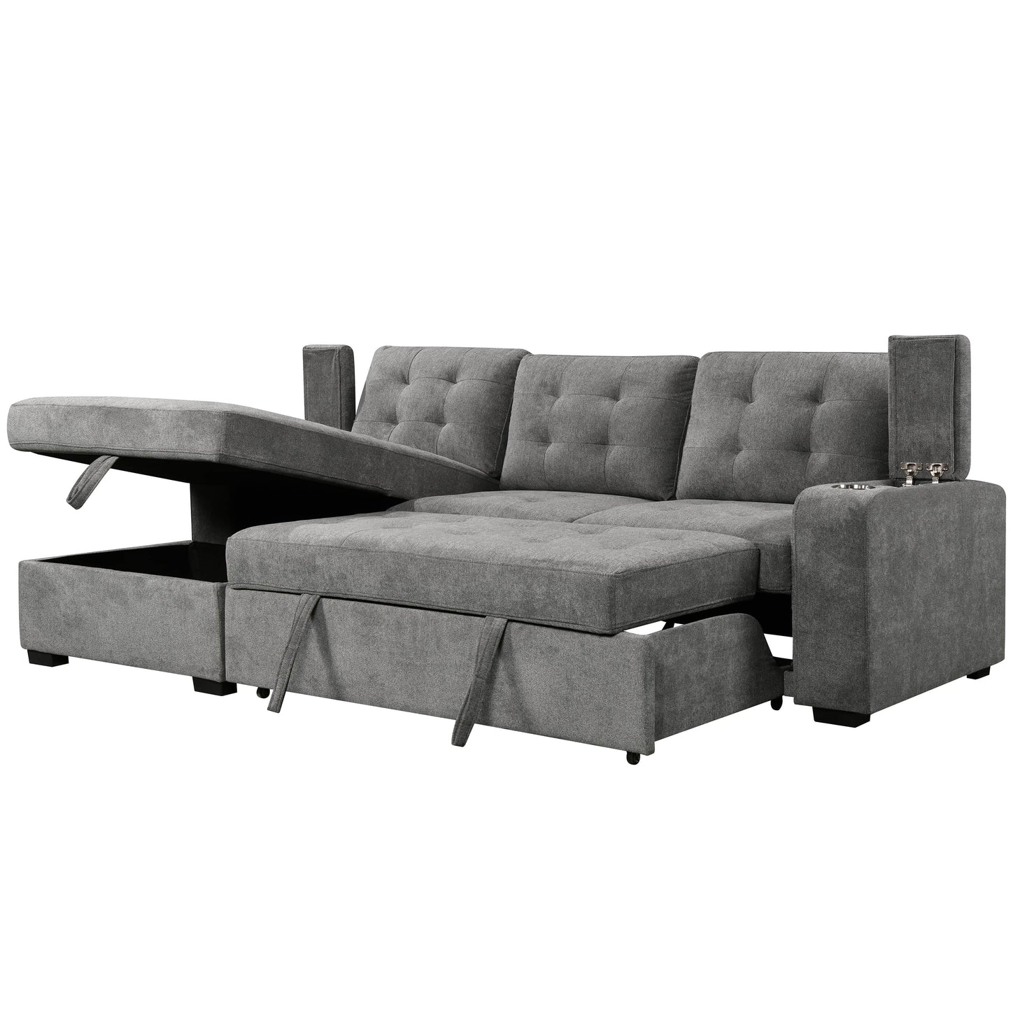 Urban Cali Sectional Left Facing Chaise Avila 98.5" Wide Sleeper Sectional Sofa Bed with Cupholders and Storage Chaise in Ulani Ash