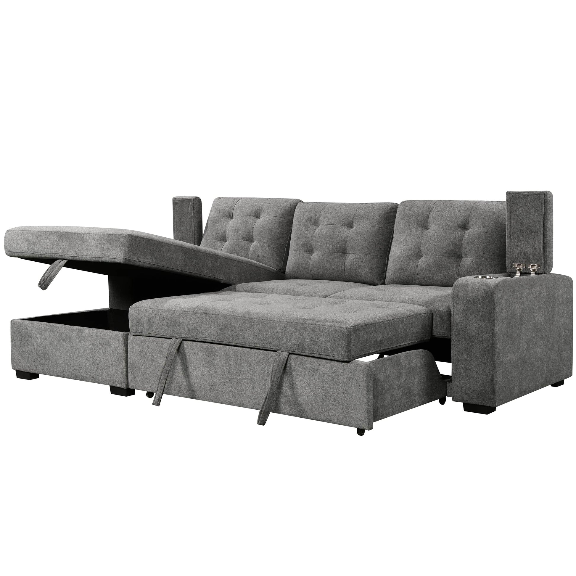 Urban Cali Sectional Left Facing Chaise Avila 98.5" Wide Sleeper Sectional Sofa Bed with Cupholders and Storage Chaise in Ulani Ash