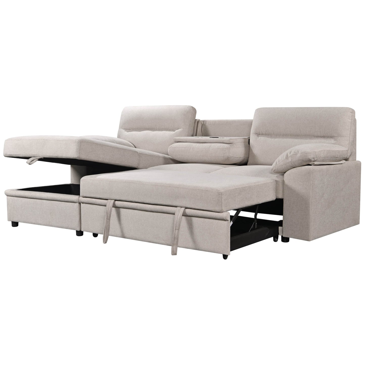 Urban Cali Sectional Left Facing Chaise / Belfast Beige Malibu 94.5" Wide Sleeper Sectional Sofa Bed with Pull Down Tray, Cupholders Wireless Charger and Storage Chaise - Available in 2 Colours