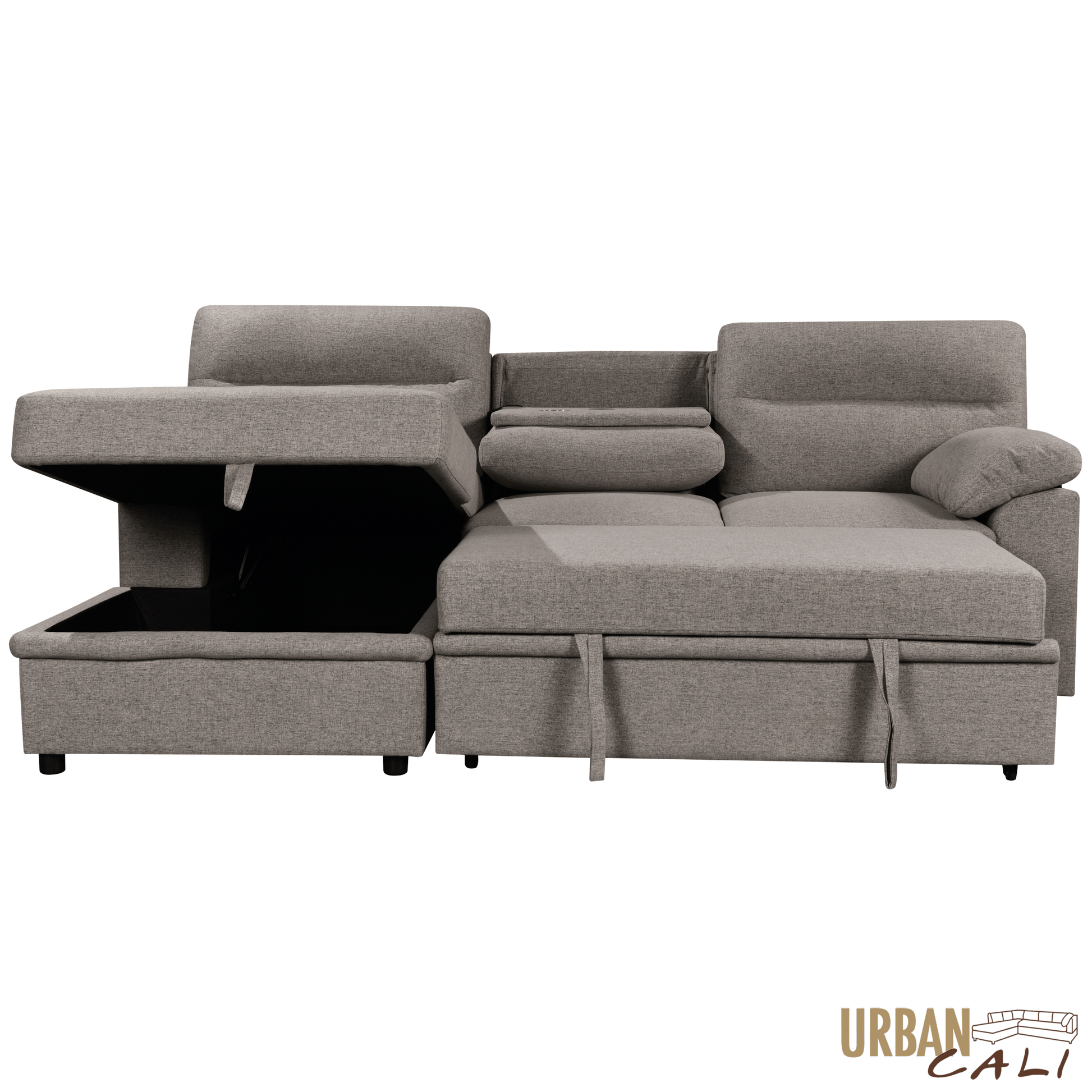 Urban Cali Sectional Malibu 94.5" Wide Sleeper Sectional Sofa Bed with Pull Down Tray, Cupholders Wireless Charger and Storage Chaise - Available in 2 Colours