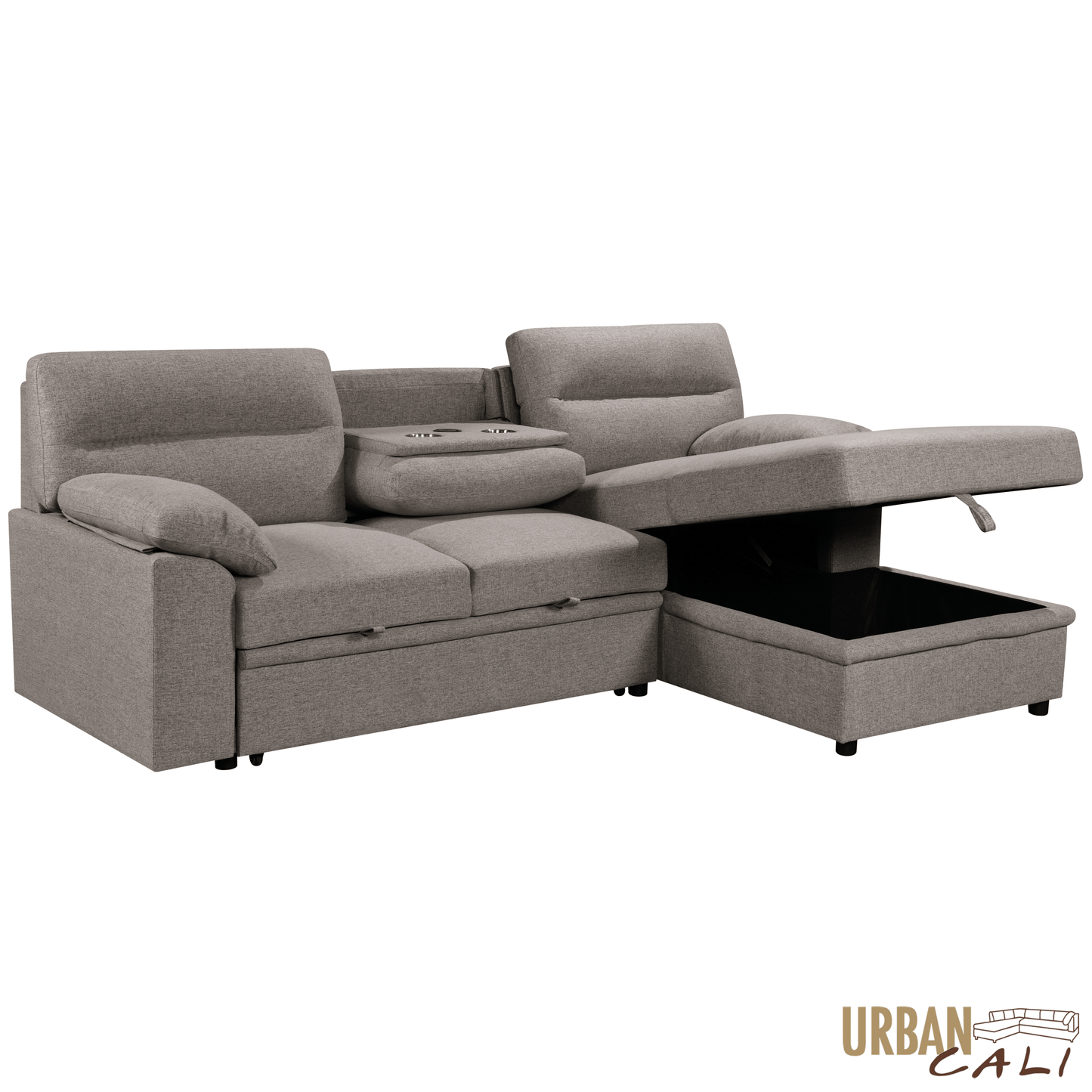 Urban Cali Sectional Malibu 94.5" Wide Sleeper Sectional Sofa Bed with Pull Down Tray, Cupholders Wireless Charger and Storage Chaise - Available in 2 Colours