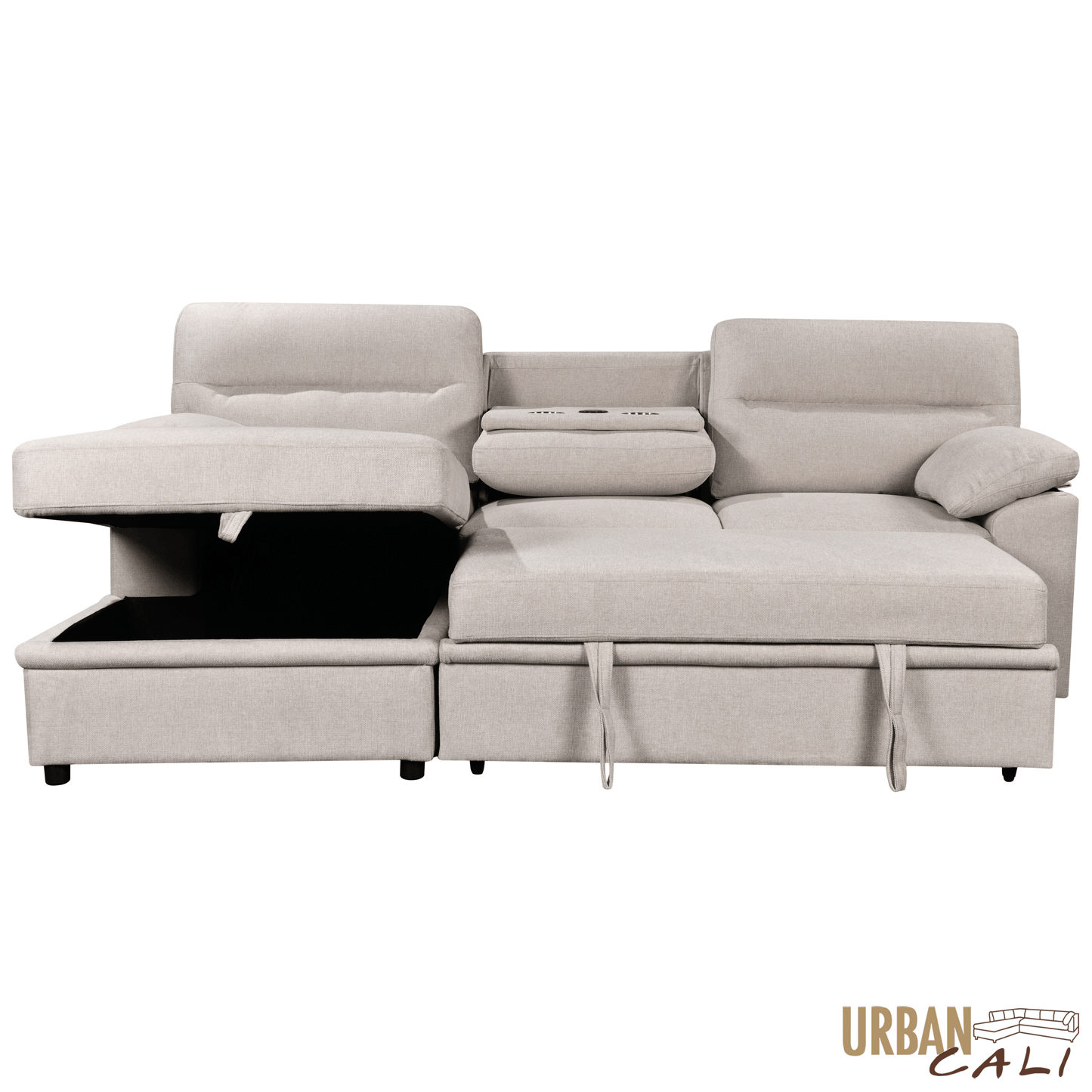 Urban Cali Sectional Malibu 94.5" Wide Sleeper Sectional Sofa Bed with Pull Down Tray, Cupholders Wireless Charger and Storage Chaise - Available in 2 Colours