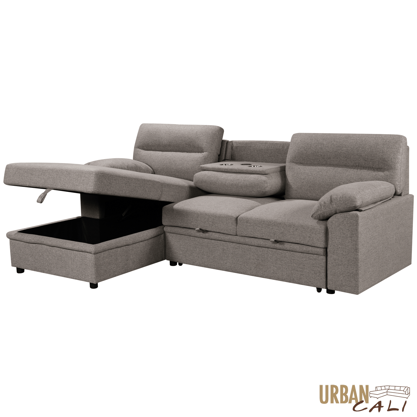 Urban Cali Sectional Malibu 94.5" Wide Sleeper Sectional Sofa Bed with Pull Down Tray, Cupholders Wireless Charger and Storage Chaise - Available in 2 Colours