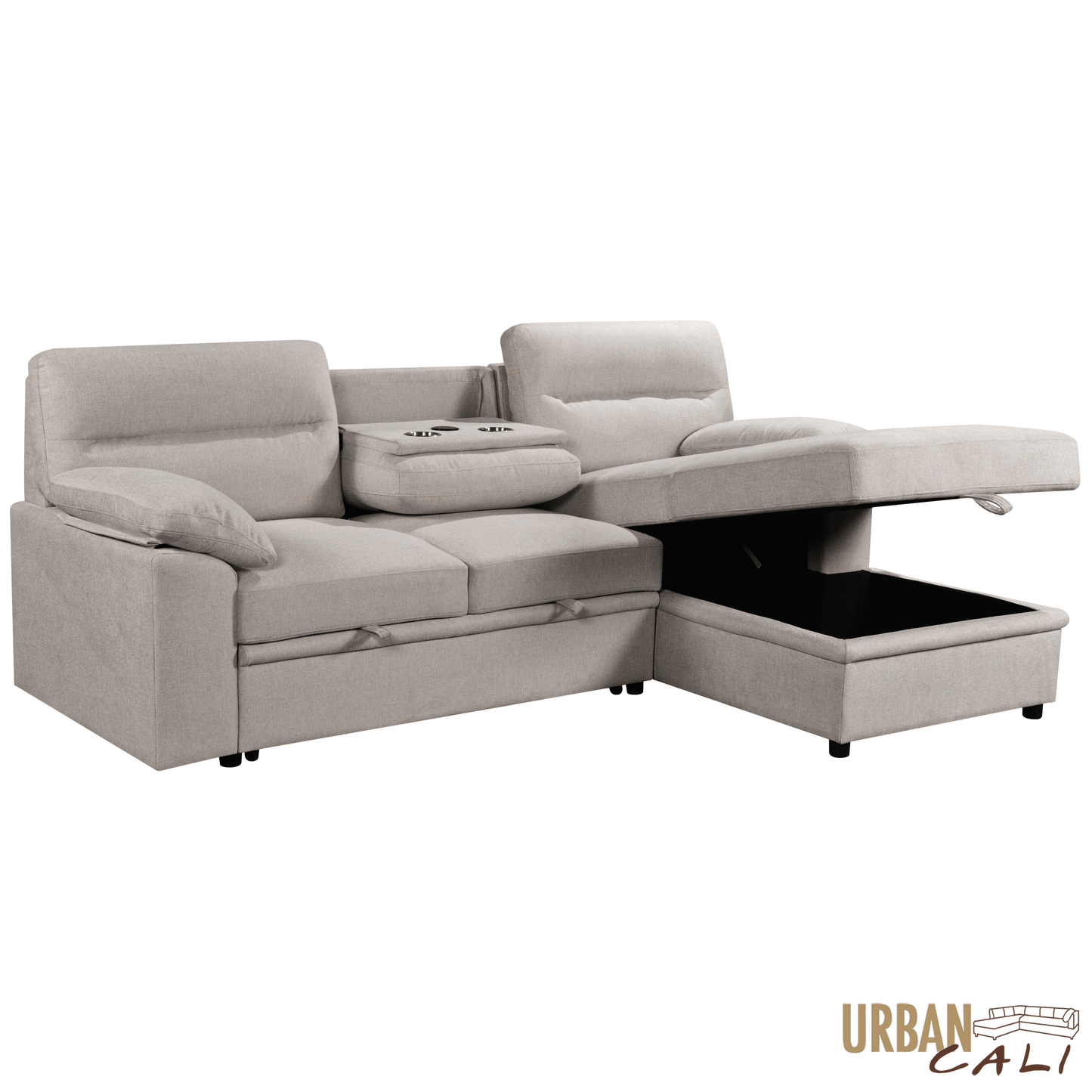 Urban Cali Sectional Malibu 94.5" Wide Sleeper Sectional Sofa Bed with Pull Down Tray, Cupholders Wireless Charger and Storage Chaise - Available in 2 Colours