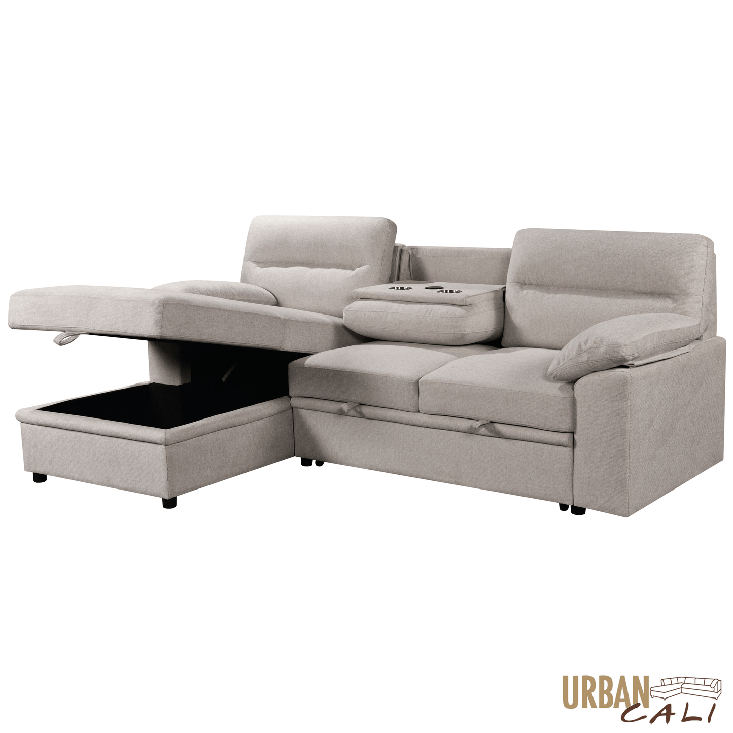 Urban Cali Sectional Malibu 94.5" Wide Sleeper Sectional Sofa Bed with Pull Down Tray, Cupholders Wireless Charger and Storage Chaise - Available in 2 Colours