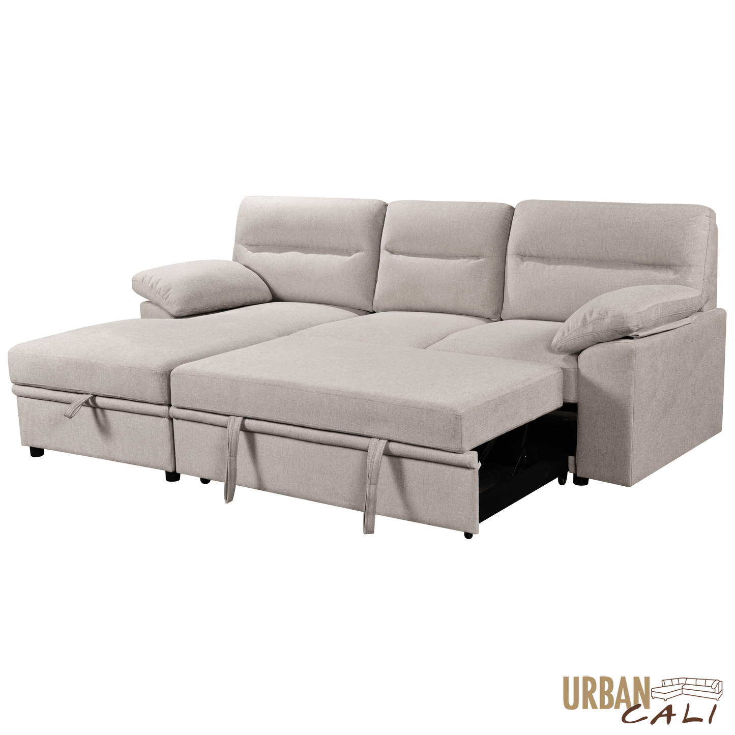 Urban Cali Sectional Malibu 94.5" Wide Sleeper Sectional Sofa Bed with Pull Down Tray, Cupholders Wireless Charger and Storage Chaise - Available in 2 Colours