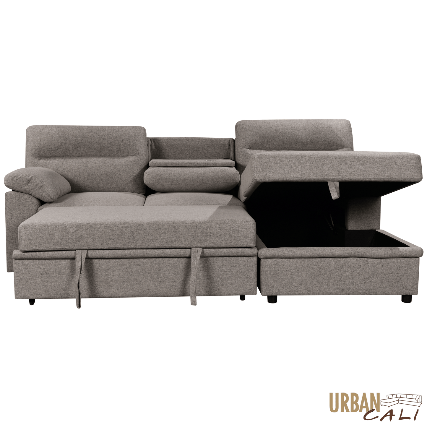 Urban Cali Sectional Malibu 94.5" Wide Sleeper Sectional Sofa Bed with Pull Down Tray, Cupholders Wireless Charger and Storage Chaise - Available in 2 Colours