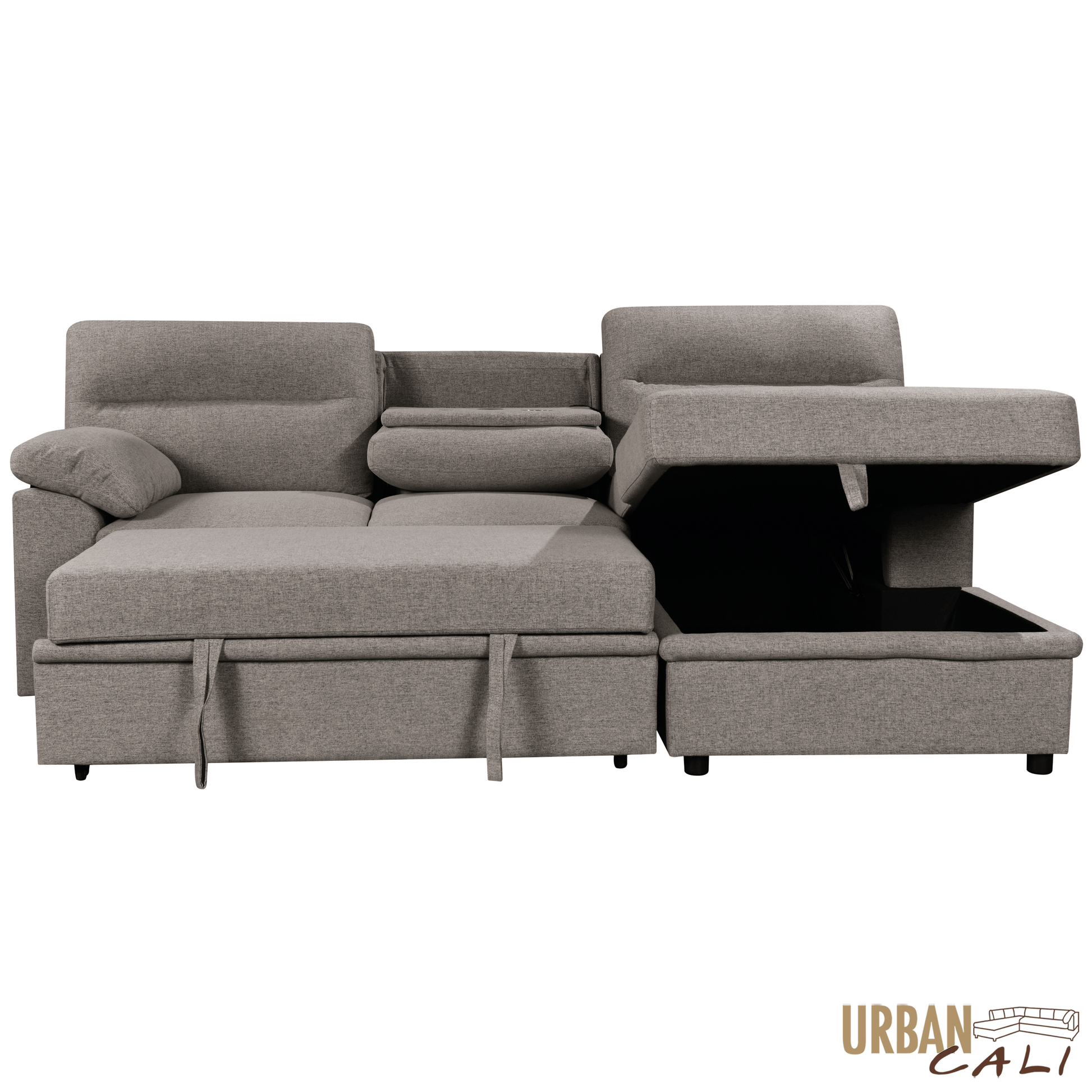 Urban Cali Sectional Malibu 94.5" Wide Sleeper Sectional Sofa Bed with Pull Down Tray, Cupholders Wireless Charger and Storage Chaise - Available in 2 Colours