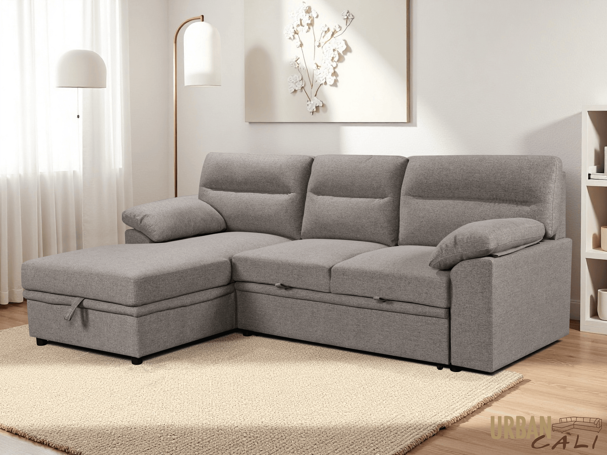 Urban Cali Sectional Malibu 94.5" Wide Sleeper Sectional Sofa Bed with Pull Down Tray, Cupholders Wireless Charger and Storage Chaise - Available in 2 Colours