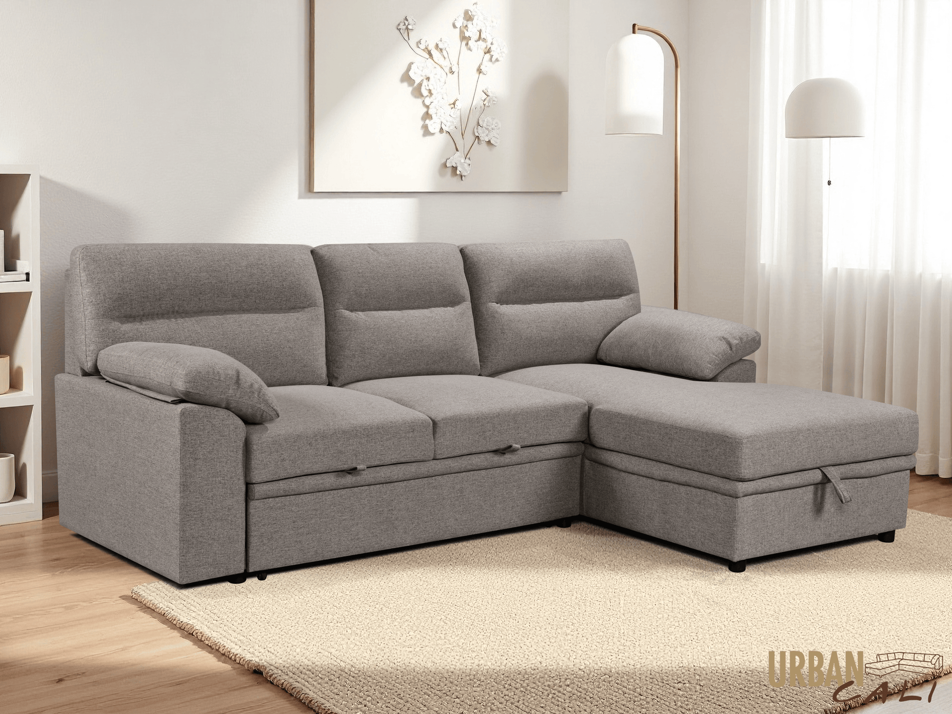 Urban Cali Sectional Malibu 94.5" Wide Sleeper Sectional Sofa Bed with Pull Down Tray, Cupholders Wireless Charger and Storage Chaise - Available in 2 Colours