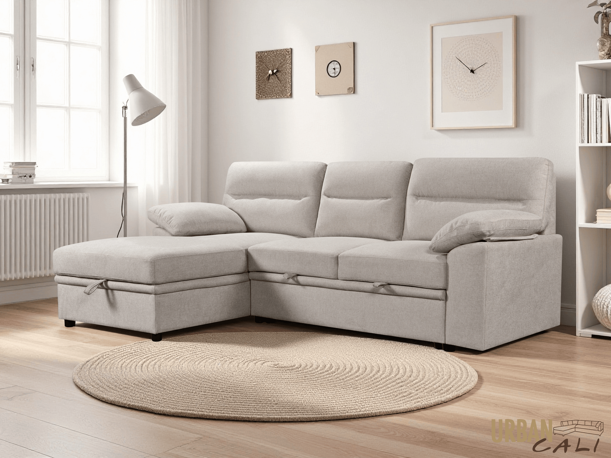 Urban Cali Sectional Malibu 94.5" Wide Sleeper Sectional Sofa Bed with Pull Down Tray, Cupholders Wireless Charger and Storage Chaise - Available in 2 Colours