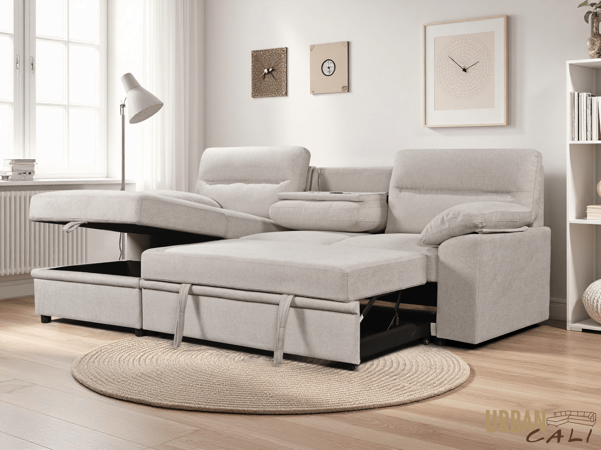 Urban Cali Sectional Malibu 94.5" Wide Sleeper Sectional Sofa Bed with Pull Down Tray, Cupholders Wireless Charger and Storage Chaise - Available in 2 Colours