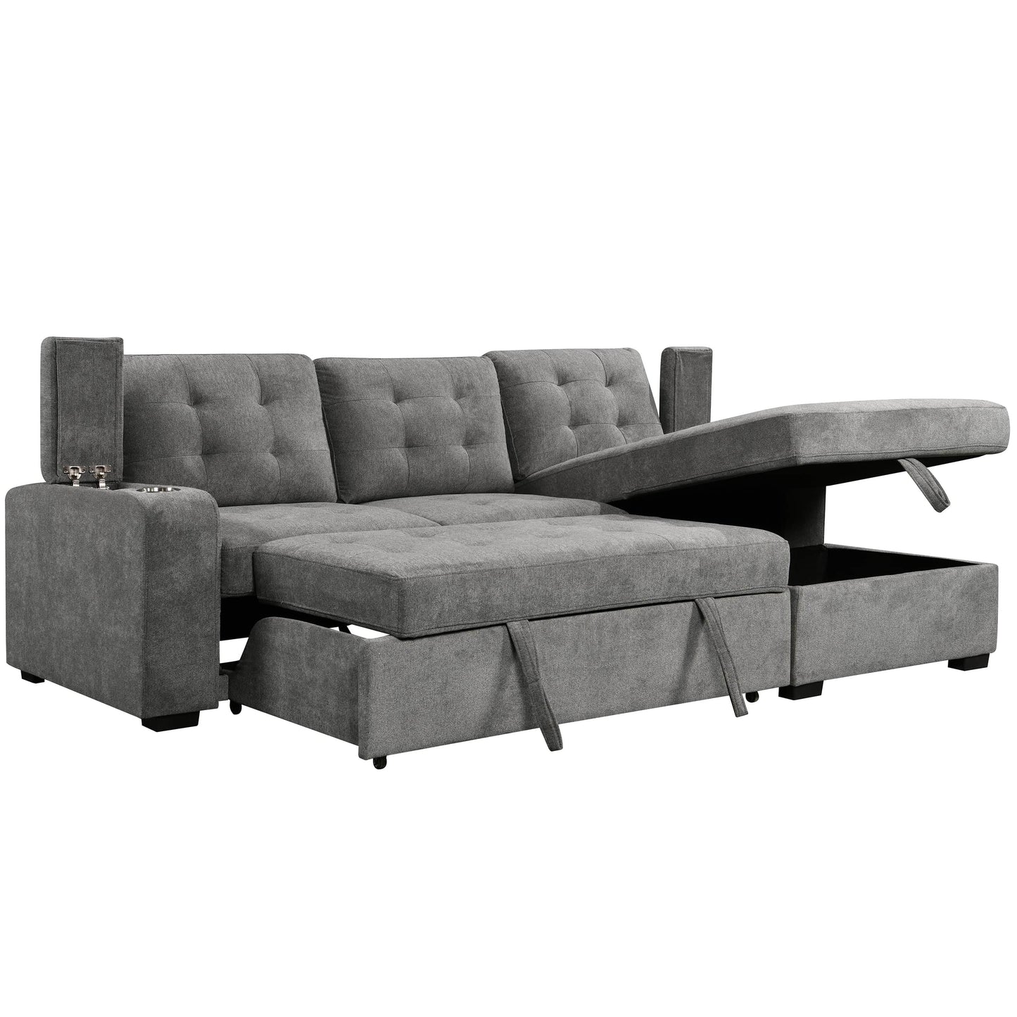 Urban Cali Sectional Right Facing Chaise Avila 98.5" Wide Sleeper Sectional Sofa Bed with Cupholders and Storage Chaise in Ulani Ash