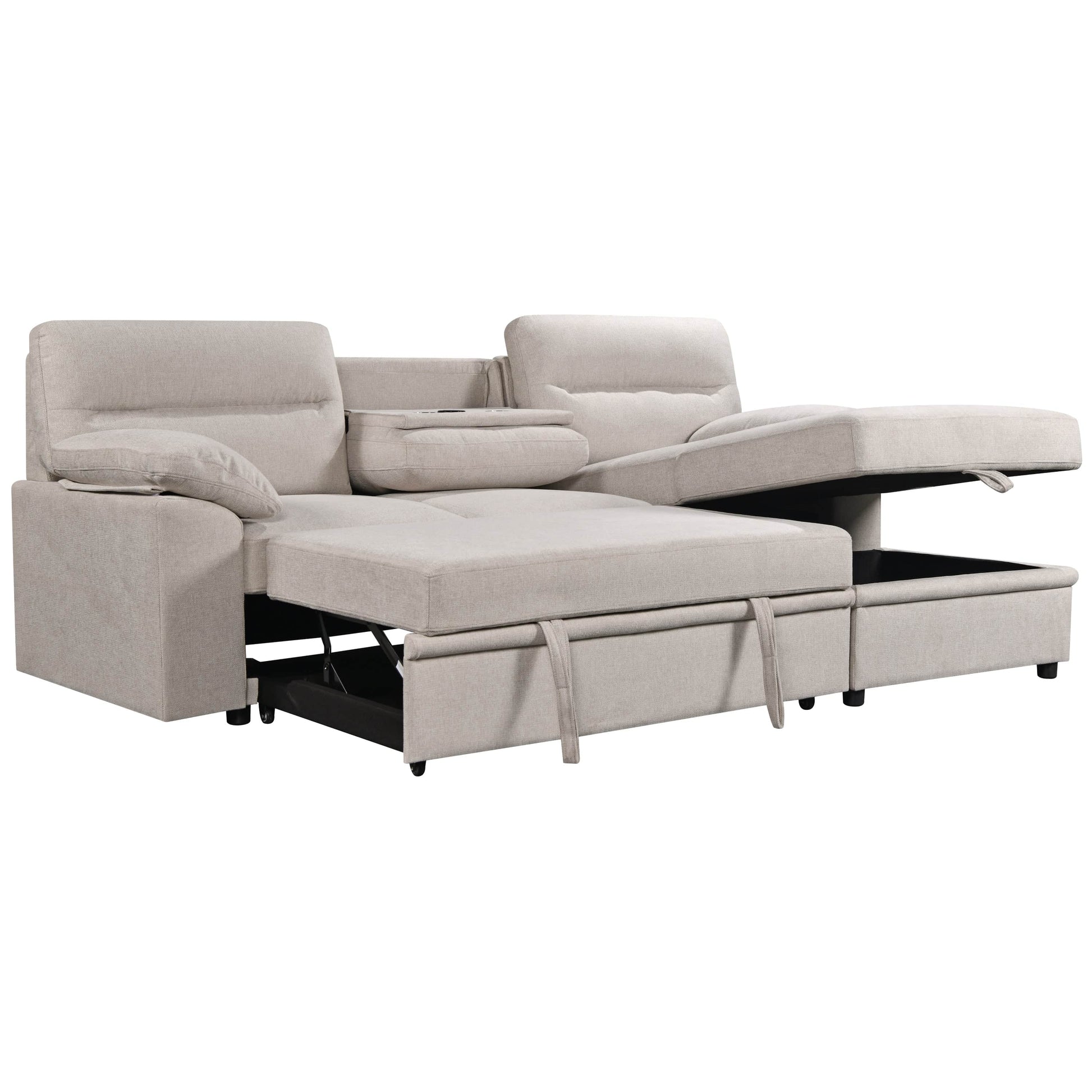 Urban Cali Sectional Right Facing Chaise / Belfast Beige Malibu 94.5" Wide Sleeper Sectional Sofa Bed with Pull Down Tray, Cupholders Wireless Charger and Storage Chaise - Available in 2 Colours