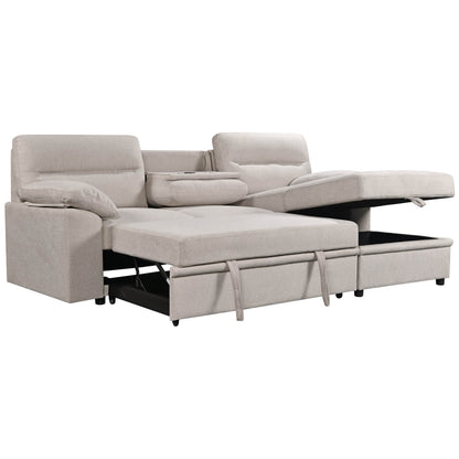 Urban Cali Sectional Right Facing Chaise / Belfast Beige Malibu 94.5" Wide Sleeper Sectional Sofa Bed with Pull Down Tray, Cupholders Wireless Charger and Storage Chaise - Available in 2 Colours