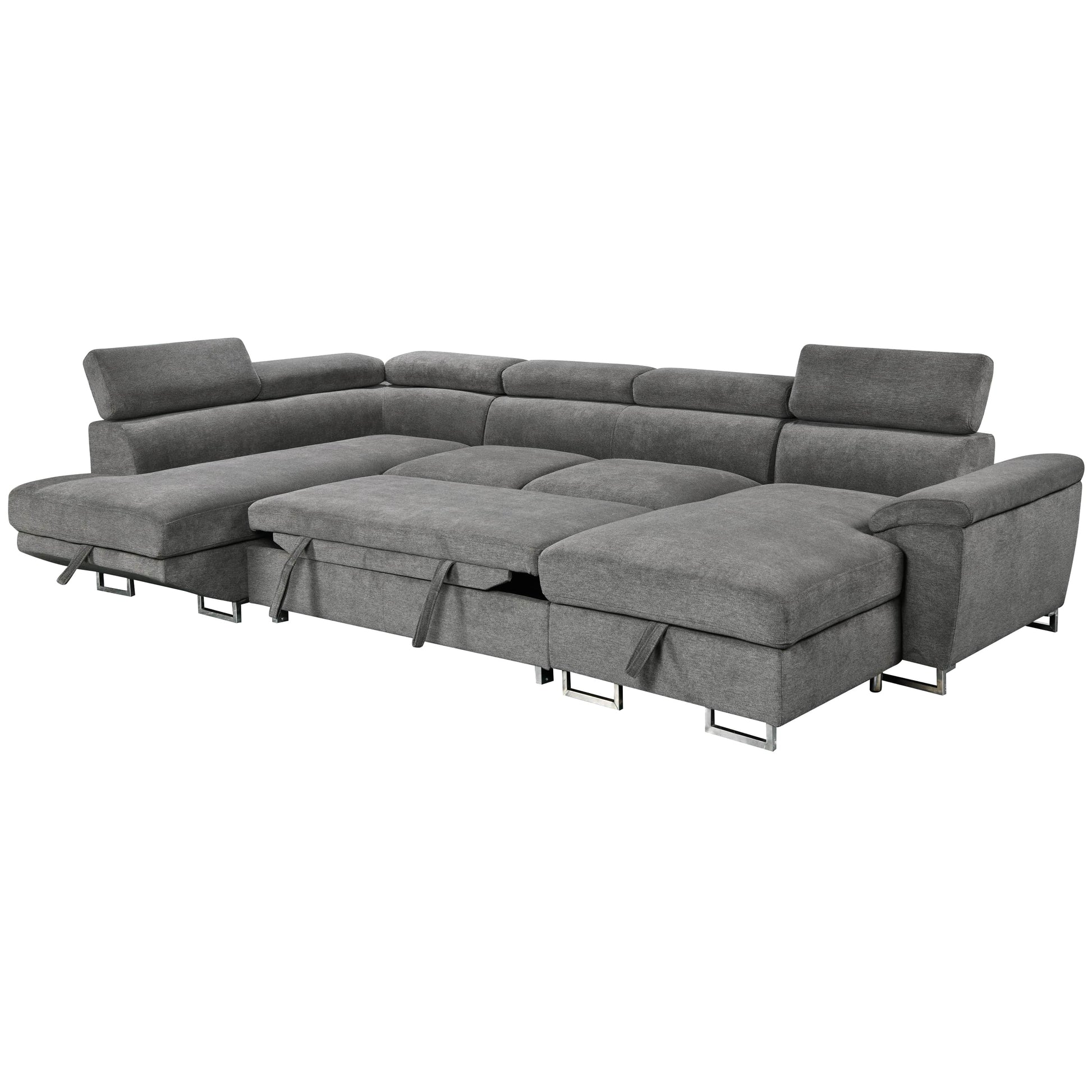 Urban Cali Sectional Right Facing Chaise Burbank 130" Wide Large Sleeper Sectional Sofa Bed with Adjustable Headrests and Storage Chaises in Ulani Ash