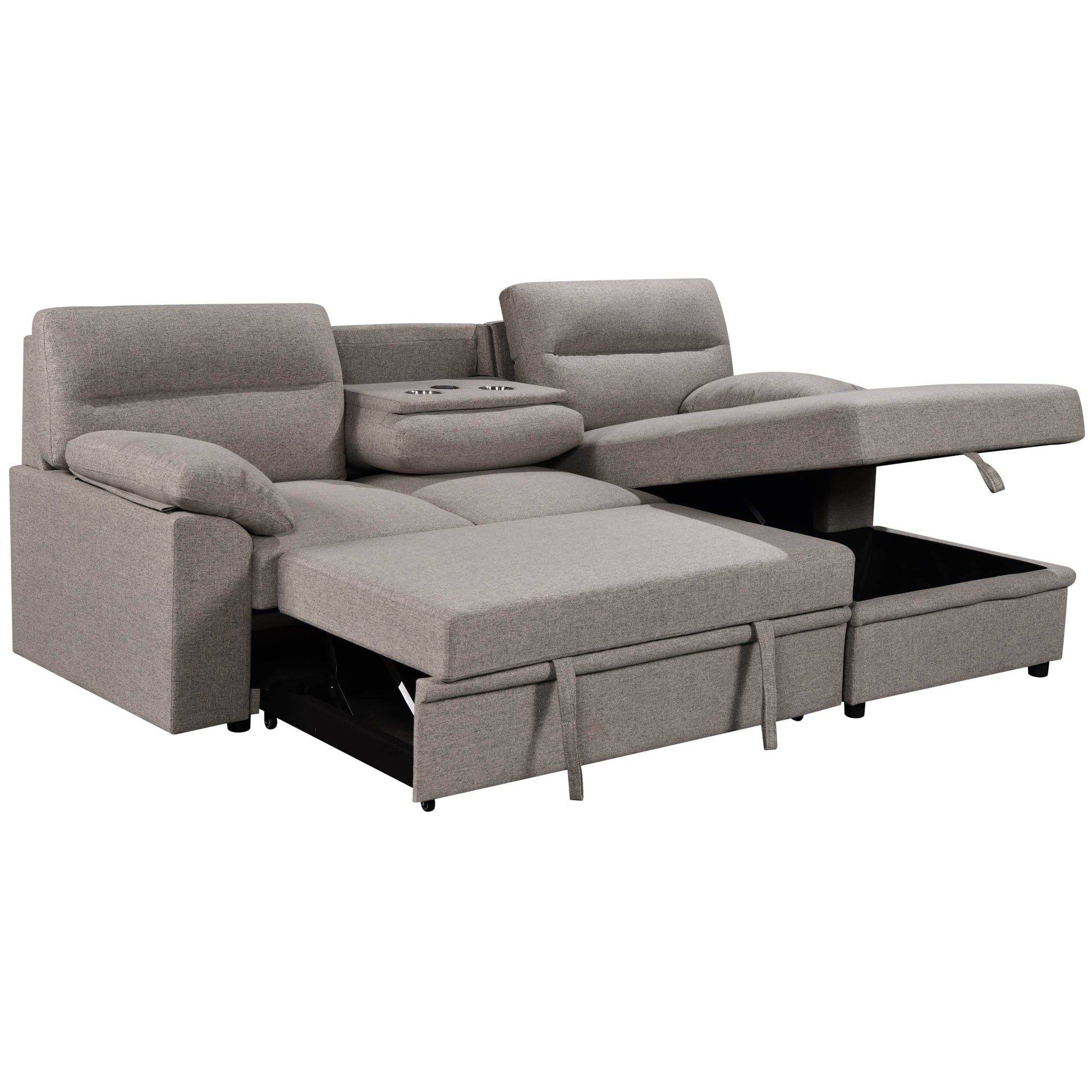Urban Cali Sectional Right Facing Chaise / Solis Grey Malibu 94.5" Wide Sleeper Sectional Sofa Bed with Pull Down Tray, Cupholders Wireless Charger and Storage Chaise - Available in 2 Colours