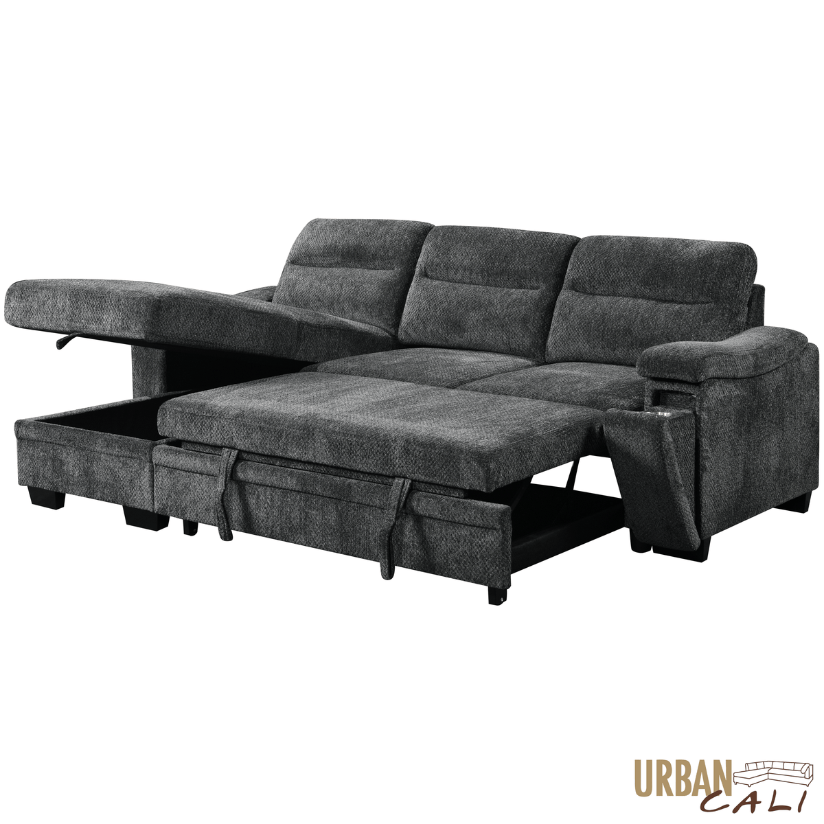 Urban Cali Sectional Savio 96" Wide Sleeper Sectional Sofa Bed with Reversible Storage Chaise in Bev Slate