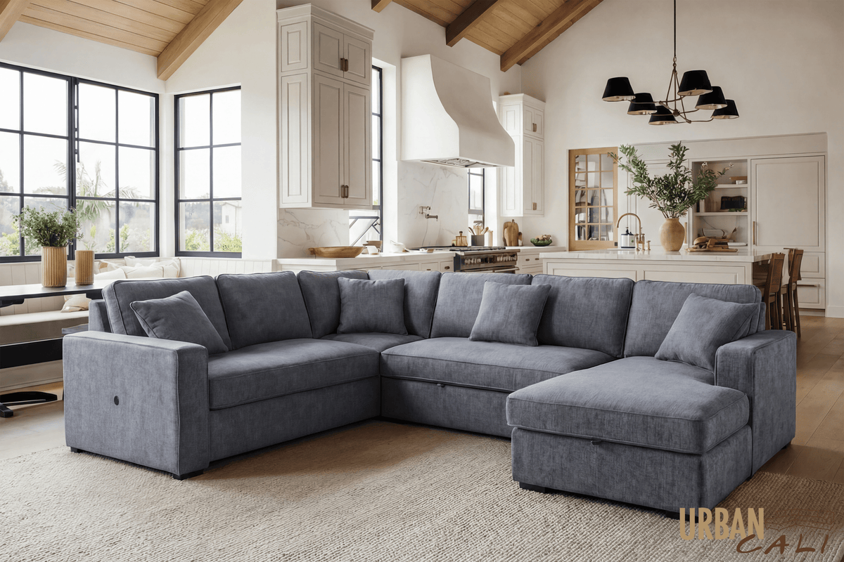 Urban Cali Sleeper Sectional Atherton 123.25" Wide Large Sleeper Sectional Sofa Bed with Storage Chaise in Mecca Grey