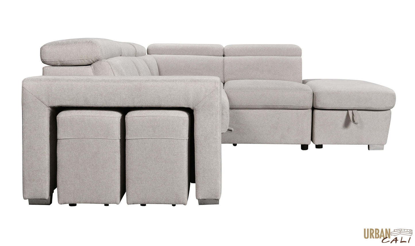 Pasadena Large Sleeper Sectional Sofa Bed with Storage Ottoman and 2 Stools - Available in 3 Colours