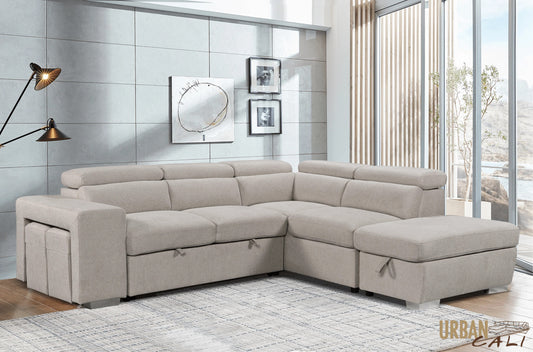 Pasadena Large Sleeper Sectional Sofa Bed with Storage Ottoman and 2 Stools - Available in 3 Colours