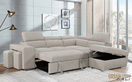 Pasadena Large Sleeper Sectional Sofa Bed with Storage Ottoman and 2 Stools - Available in 3 Colours