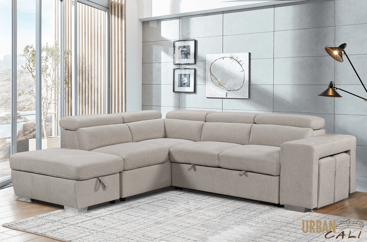 Pasadena Large Sleeper Sectional Sofa Bed with Storage Ottoman and 2 Stools - Available in 3 Colours