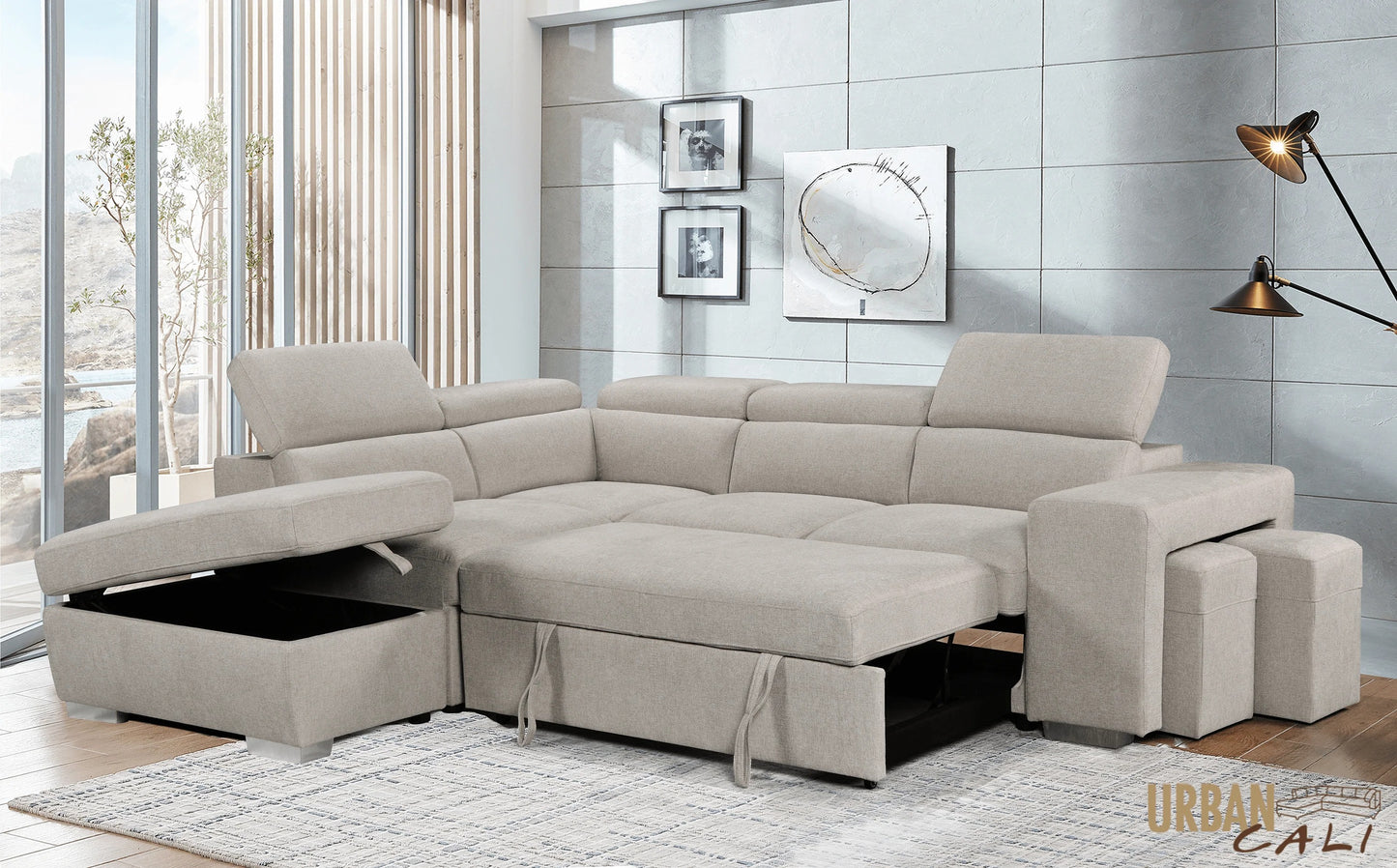 Pasadena Large Sleeper Sectional Sofa Bed with Storage Ottoman and 2 Stools - Available in 3 Colours