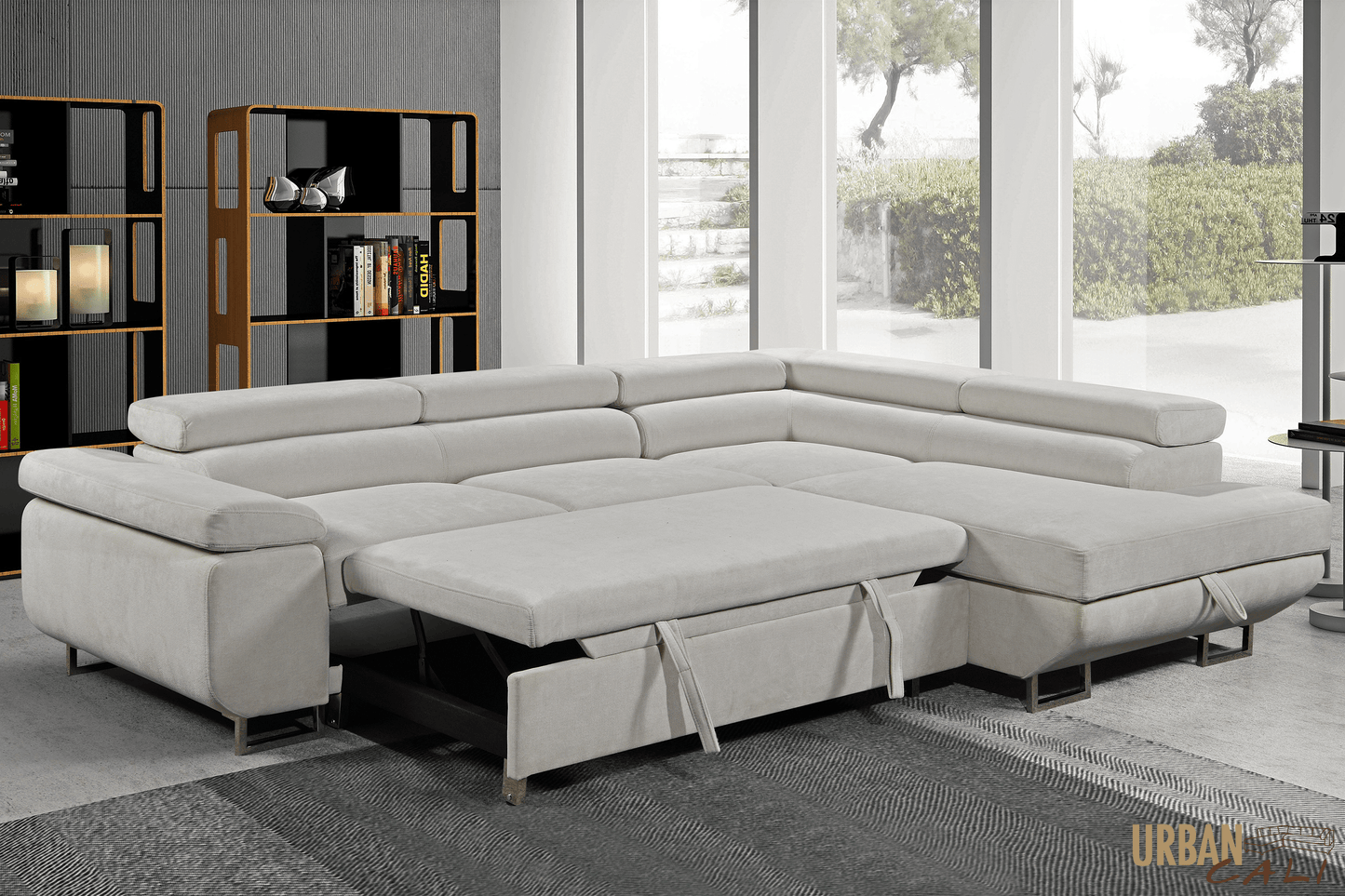 Pending - Urban Cali Hollywood Sleeper Sectional Sofa Bed with Adjustable Headrests and Storage Chaise in Ulani Cream