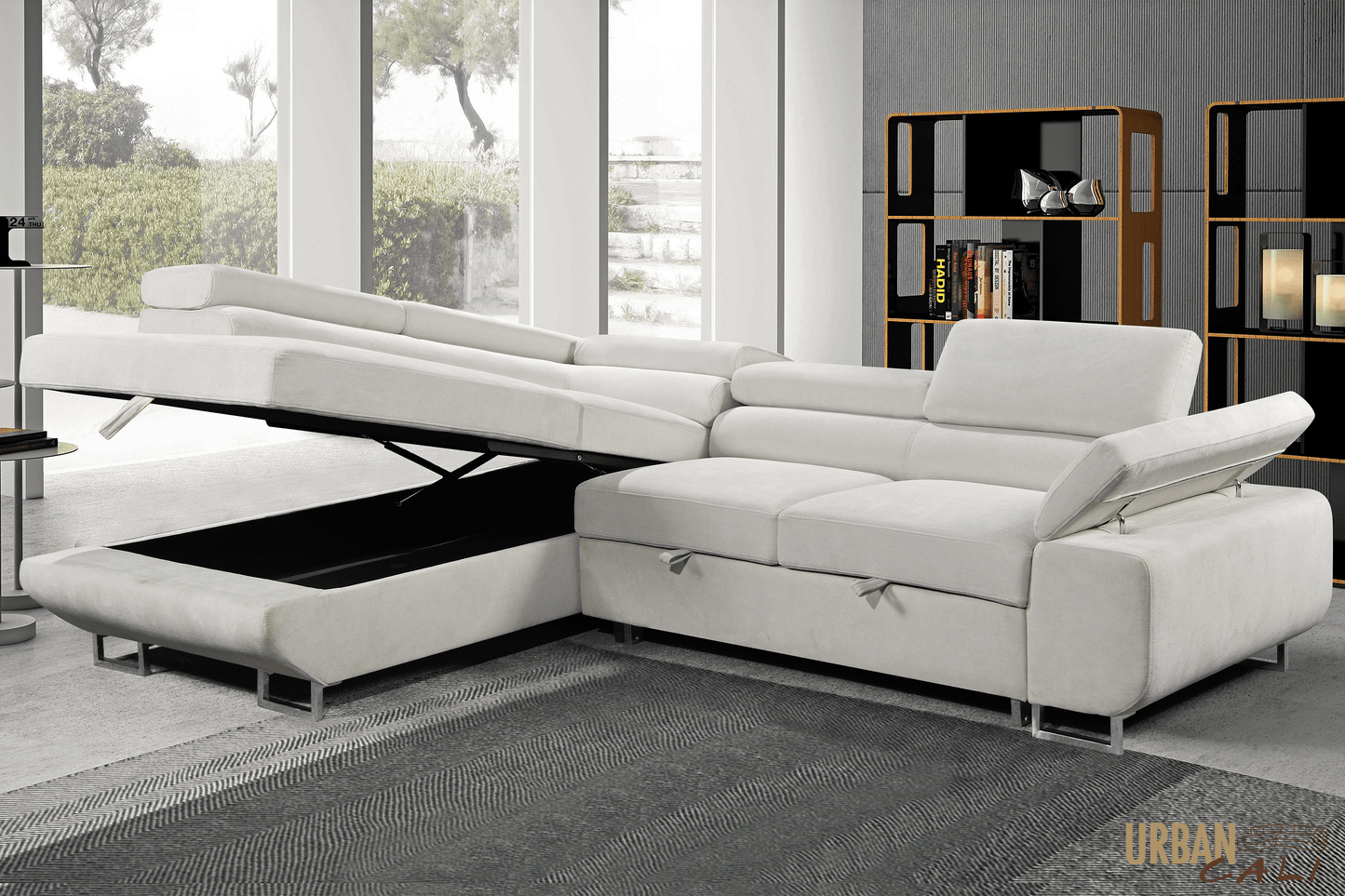 Pending - Urban Cali Hollywood Sleeper Sectional Sofa Bed with Adjustable Headrests and Storage Chaise in Ulani Cream