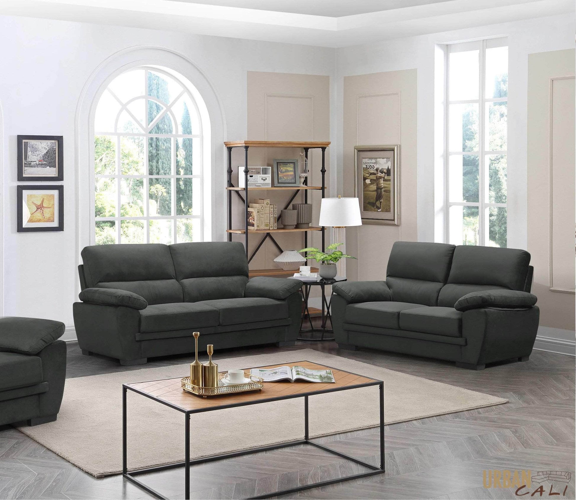 Pending - Urban Cali Monterey 2 Piece Pillow Top Arm Sofa and Loveseat Set in Cotton Fabric - Available in 2 Colours