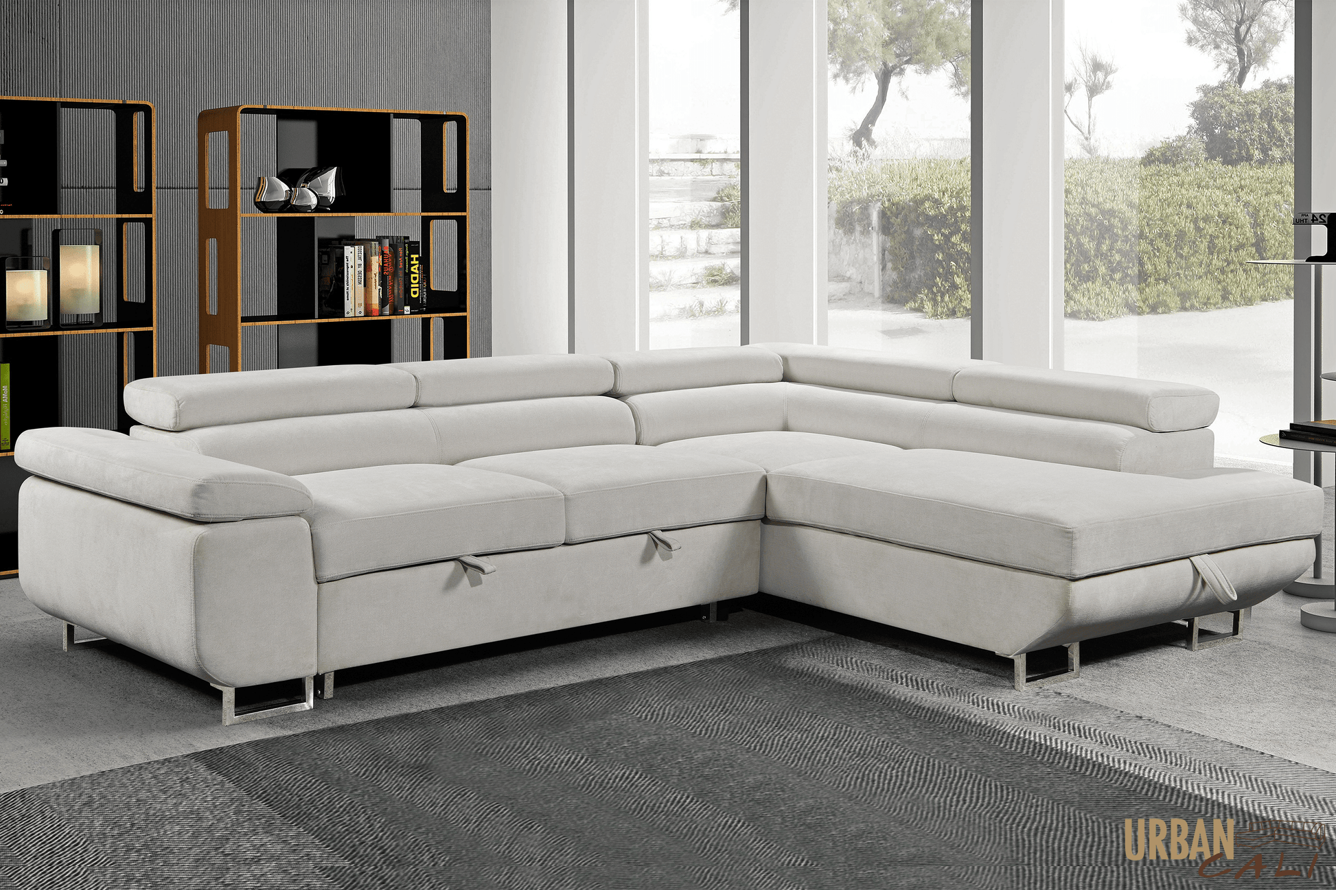 Pending - Urban Cali Right Facing Chaise Hollywood Sleeper Sectional Sofa Bed with Adjustable Headrests and Storage Chaise in Ulani Cream
