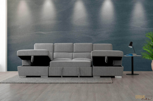 Urban Cali Sectional Bel Air Modular U-Shaped Sleeper Sectional Sofa with Storage Chaises in Thora Stone