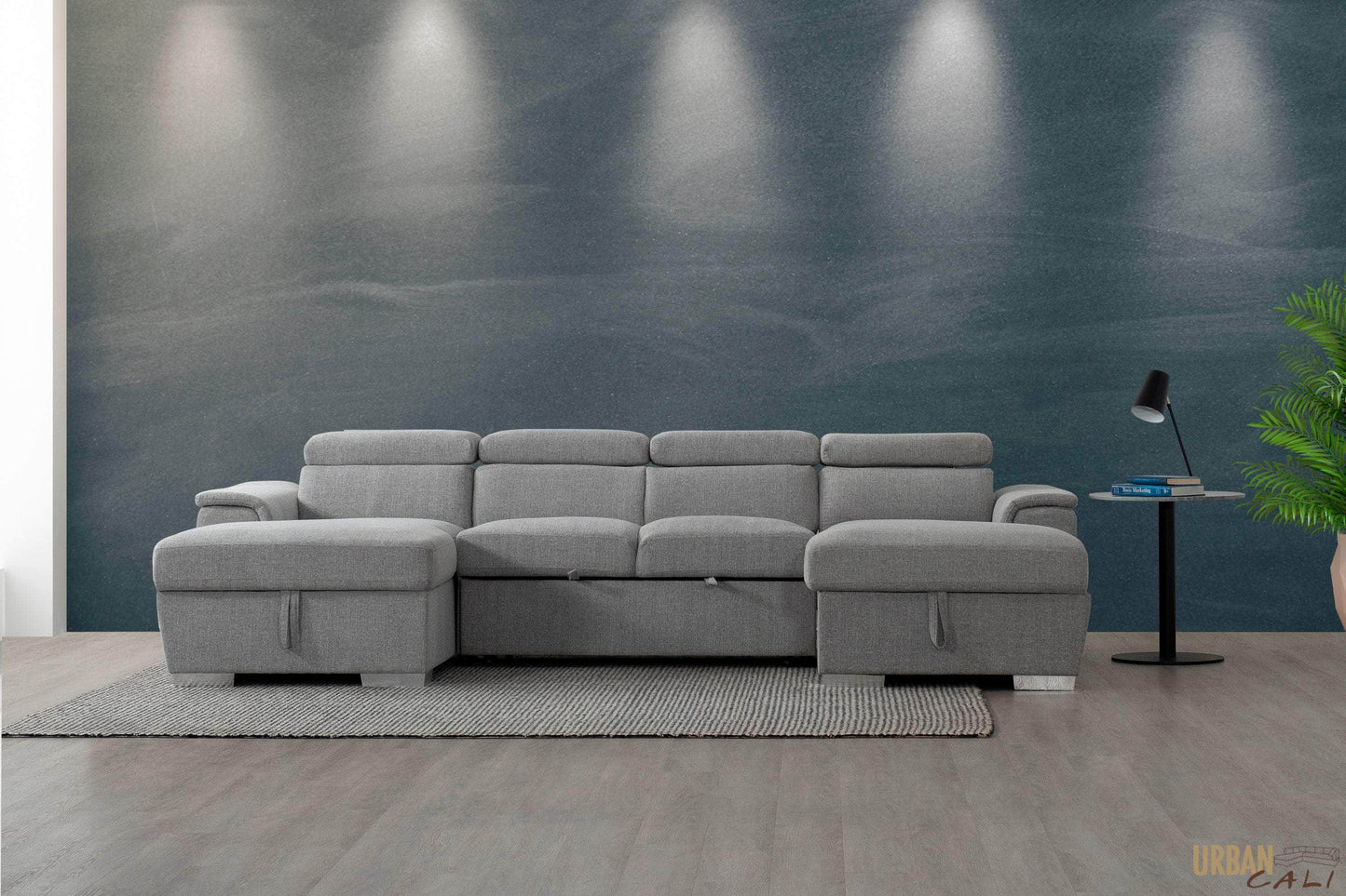 Urban Cali Sectional Bel Air Modular U-Shaped Sleeper Sectional Sofa with Storage Chaises in Thora Stone