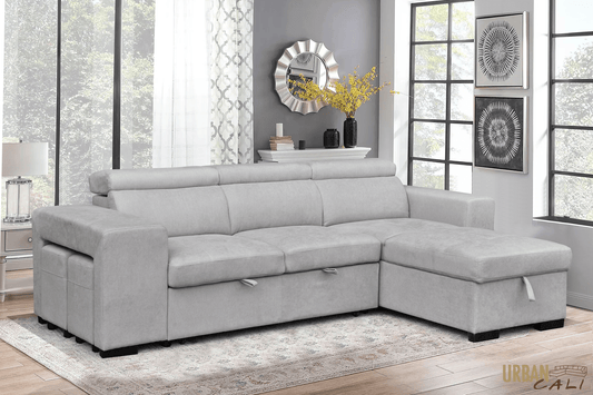 Urban Cali Sectional Sonoma Sleeper Sectional Sofa Bed with Reversible Storage Chaise and 2 Stools in Canvas Grey