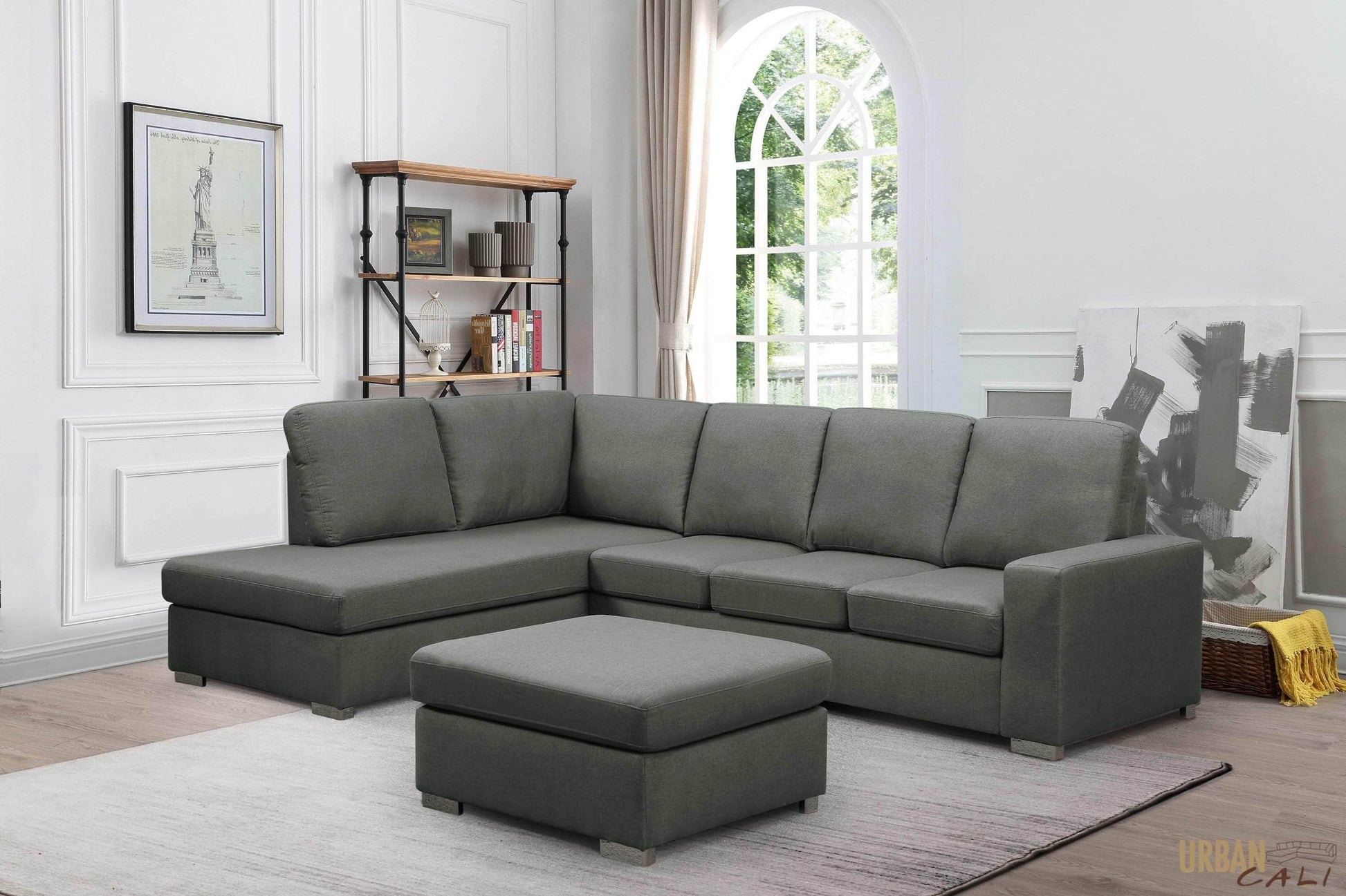 Urban Cali Sectional Ventura 110.25" Wide Linen Sectional Sofa with Ottoman in Dark Grey - Available in 2 Configurations