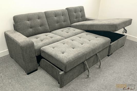 Urban Cali Sleeper Sectional Coronado Tufted Sleeper Sectional Sofa with Storage Chaise in Nora Grey