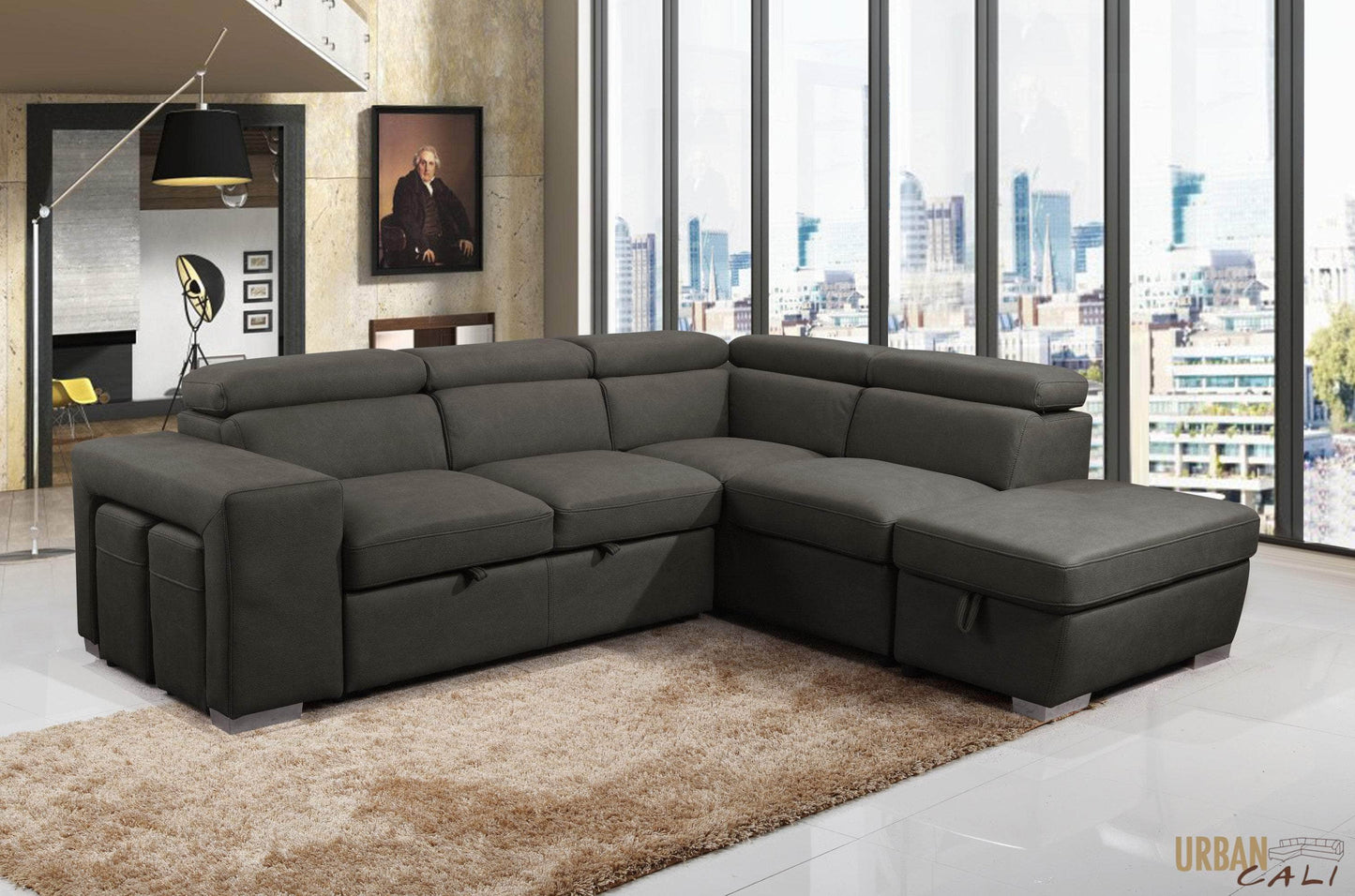 Urban Cali Sleeper Sectional Pasadena Large Sleeper Sectional Sofa Bed with Storage Ottoman and 2 Stools - Available in 2 Colours