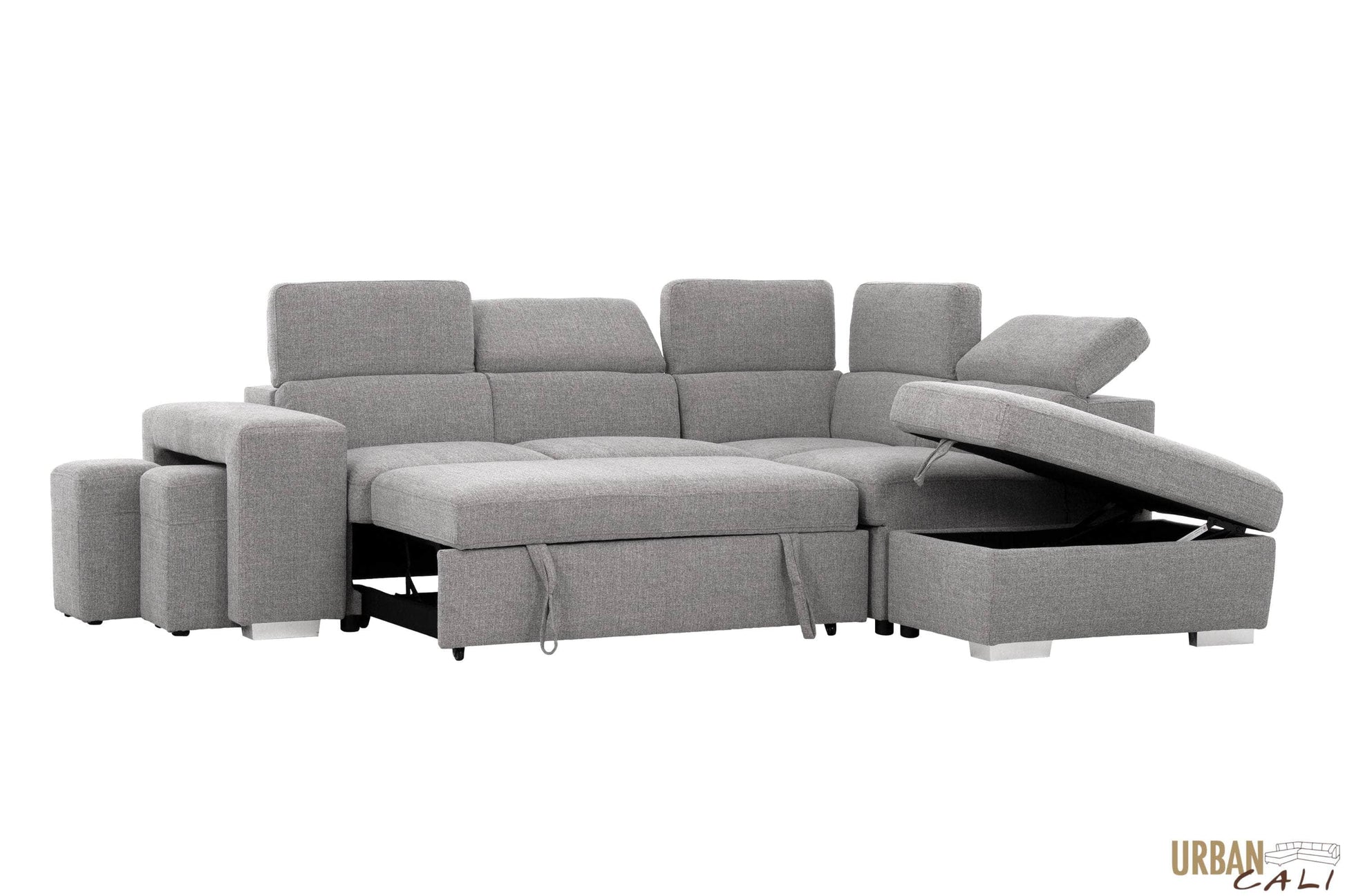 Urban Cali Sleeper Sectional Pasadena Large Sleeper Sectional Sofa Bed with Storage Ottoman and 2 Stools - Available in 2 Colours
