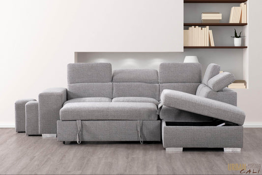 Urban Cali Sleeper Sectional Pasadena Large Sleeper Sectional Sofa Bed with Storage Ottoman and 2 Stools - Available in 2 Colours